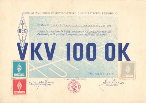 Diplom VKV 100 OK v pásmu 144 MHz a doplňující známky za 200, 300 a 400 OK