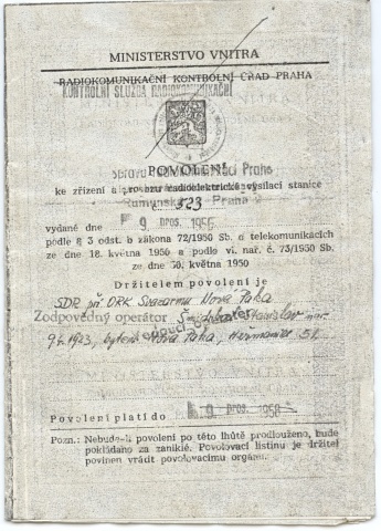 Fotokopie nejstarší dochované koncese vydané 9.12.1956 - titulní strana