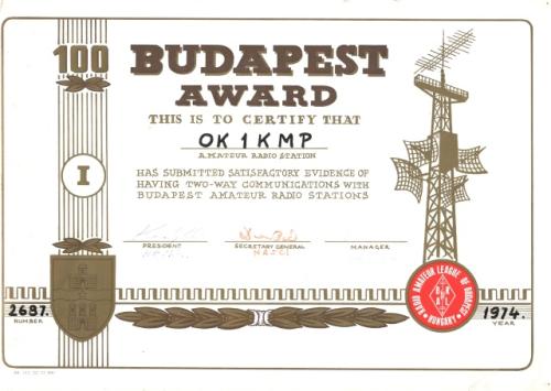 Diplom I. třídy za spojení s Budapeštskými radioamatéry