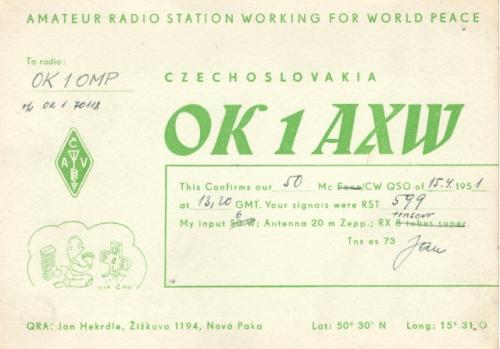 QSL za první spojení našeho VO Jana Hekrdleho s naším radioklubem v roce 1951
