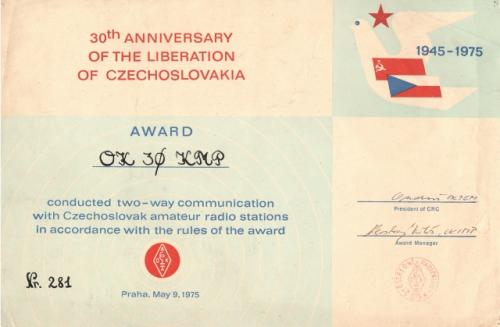 Diplom k 30. výročí osvobození Československa