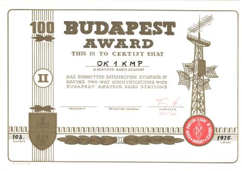 Diplom II. třídy za spojení s Budapeštskými radioamatéry