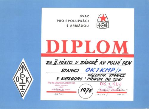 Diplom za II. místo v KV PD v kategorii kolektivních stanic
