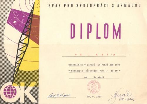 Diplom za III. místo v KV PD v kategorii přechodné QTH do 10 W