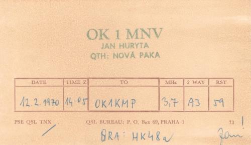 Jeden z prvních QSL Honzy Huryty za spojení navázané osm dnů po obdržení koncese