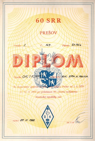 Diplom k 60. výročí vyhlášení Slovenskej republiky rád
