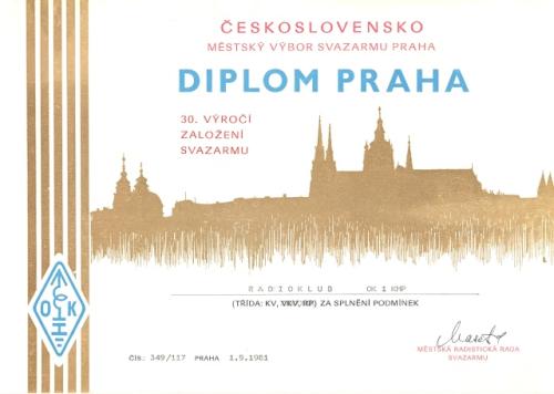 Diplom k 30. výročí založení Svazarmu třída KV