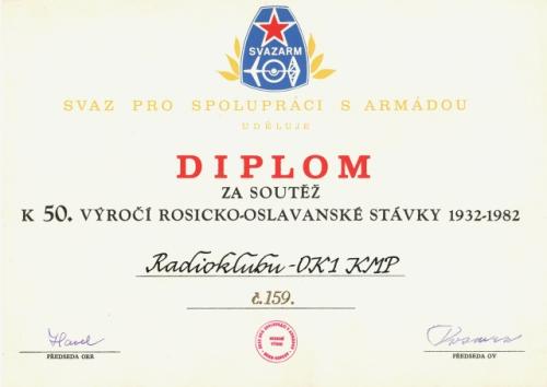 Diplom za soutěž k 50. výročí Rosicko - Oslavanské stávky