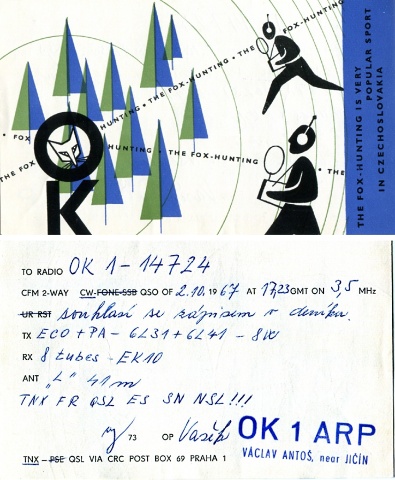 Jedna z prvních verzí QSL lístku Vaška Antoše pro radiového posluchače Zdeňka Burkerta