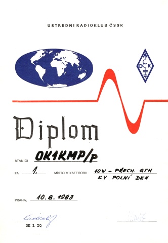 Diplom za I. místo v KV PD v kategorii přechodné QTH