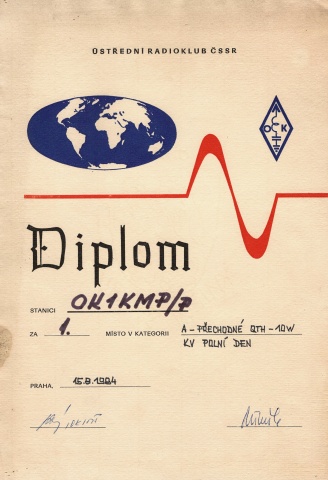 Diplom za I. místo v KV PD v roce 1984 v kategorii přechodné QTH