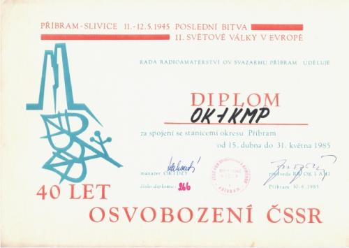 Diplom k 40. výročí osvobození Příbram - Slivice