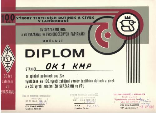 Diplom k 100. výročí zahájení výroby textilních dutinek a cívek v Lanškrouně