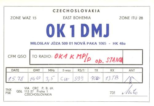QSL lístek používaný Mílou Jůzou po obdržení licence OK