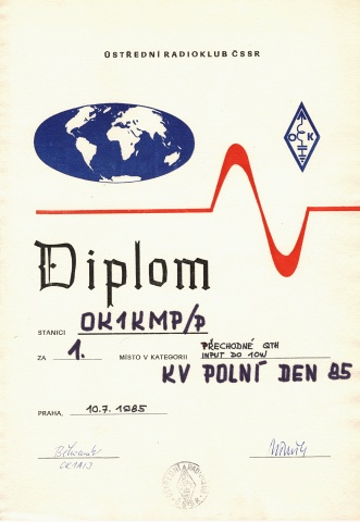 Diplom za I. místo v KV PD v kategorii přechodné QTH příkon 10 W