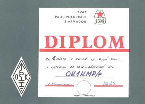 Diplom za I. místo v KV PD v kategorii do 10 W přechodné QTH