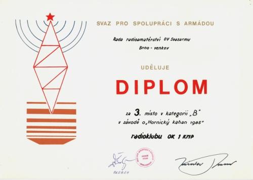 Diplom za 3. místo v kategorii B v závodě o Hornický kahan