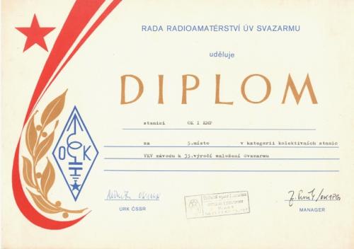 Diplom za 5. místo v kategorii kolektivních stanic VKV závodu k 35. výročí založení Svazarmu