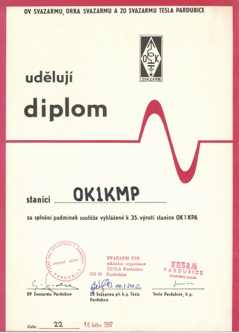 Diplom za splnění podmínek soutěže k 35. výročí stanice OK1KPA
