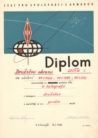 Diplom za 1. místo v přeboru Východočeského kraje v telegrafii