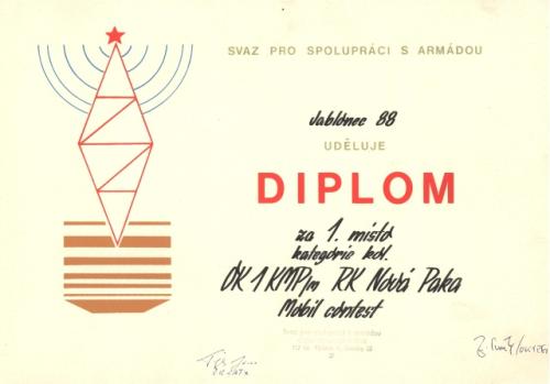 Diplom za 1. místo v kategorii kol. stanic v mobil contestu Jablonec nad Nisou