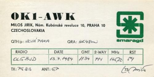Další z verzí QSL lístku Miloše Jiříka