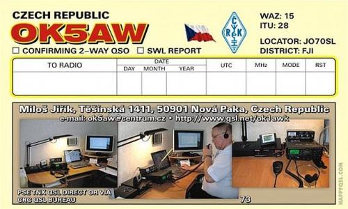Aktuální verze QSL lístku Miloše Jiříka