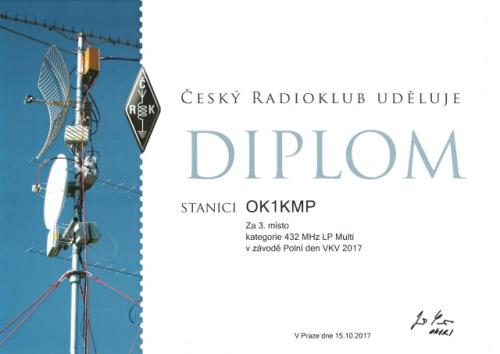 Diplom za 3. místo v PD v kategorii 432 MHz LP Multi