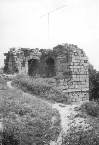 Pohled na zříceninu hradu s anténou F9FT