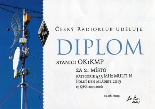 Diplom za 2. místo v PDM v kategorii 435 MHz multi op N