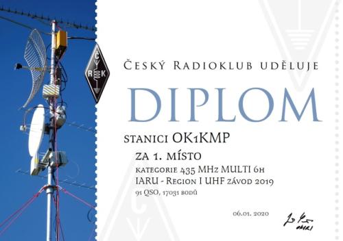 Diplom za 1. místo v IARU REGION I UHF závodě v kategorii 435 MHz LP Multi 6H
