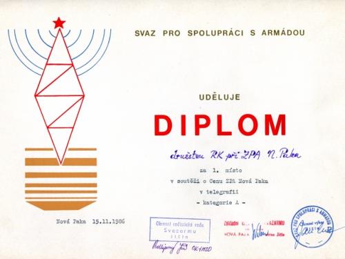 Diplom za I. místo pro radioklub Nová Paka