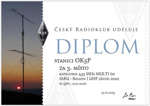 Diplom za 3. místo v UHF závodě 2022 v kategorii 435 MHz MULTI LP