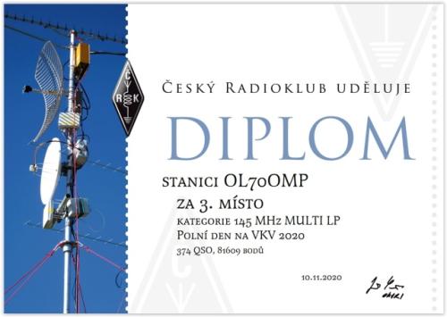 Diplom za 3. místo v PD 2020 v kategorii 145 MHz MULTI LP