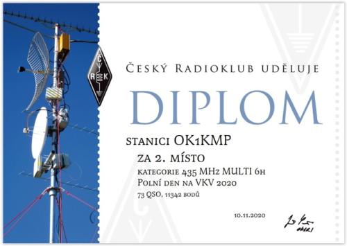 Diplom za 2. místo v PD 2020 v katogorii 435 MHz MULTI 6H OK1KMP