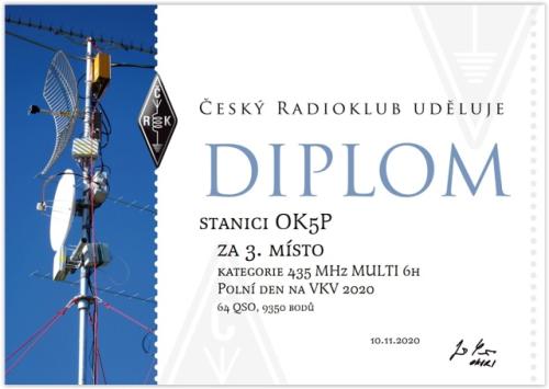 Diplom za 3. místo v PD 2020 v kategorii 435 MHZ MULTI 6H OK5P