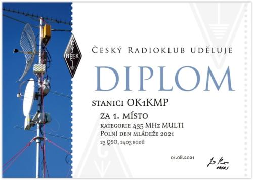 Diplom za 1. místo v PDM 2021 v kategorii 435 MHz MULTI