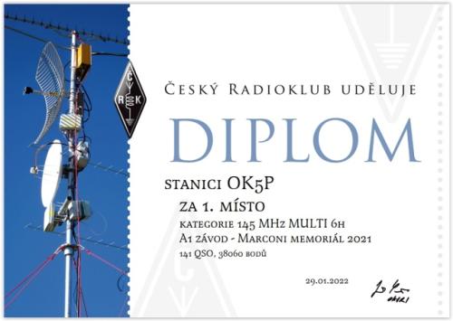 Diplom za 1. místo v A1 závodě 2021 v kategorii 145 MHz MULTI 6H