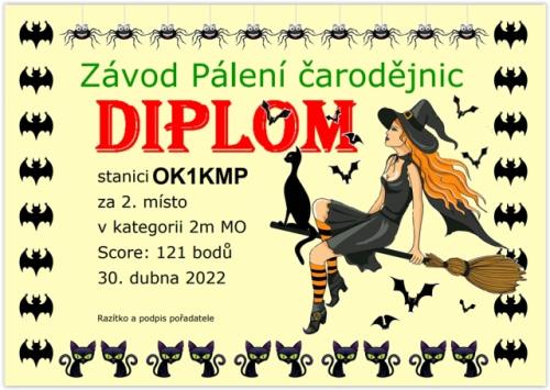 Diplom za 2. místo v Závodě pálení čarodějnic 2022 v kategorii 2 m MO