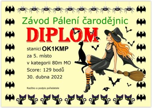 Diplom za 5. místo v Závodě pálení čarodějnic 2022 v kategorii 80 m MO