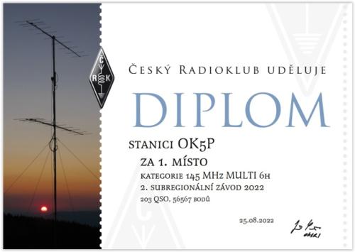 Diplom za 1. místo v 2. subregionálním závodě 2022 v kategorii 145 MHz MULTI 6H