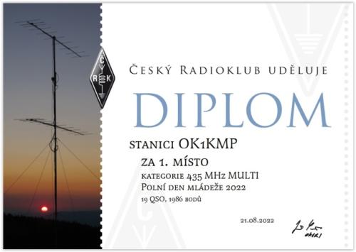Diplom za 1. místo v PDM 2022 v kategorii 435 MHz MULTI