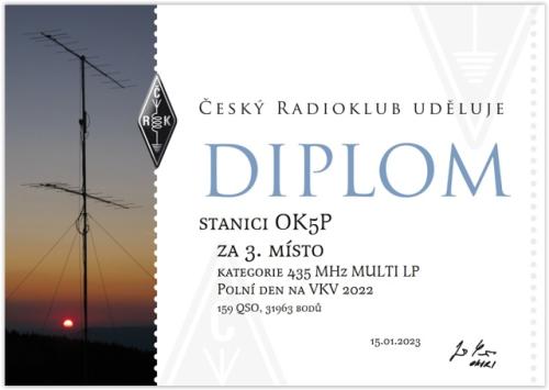 Diplom za 3. místo v PD 2022 v kategorii 435 MHz MULTI LP