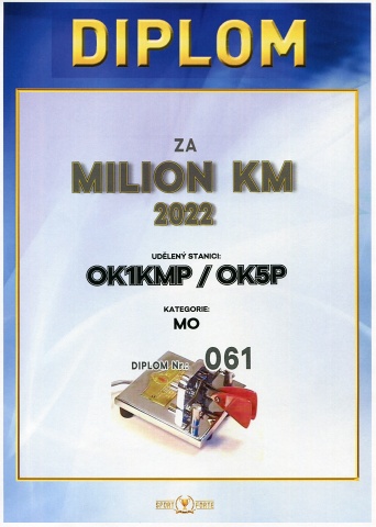 Diplom za účast v soutěži MILION KM 2022 v kategorii MO