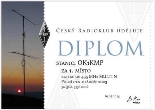 Diplom za 1. místo v PDM 2023 v kategorii 435 MHz MULTI N