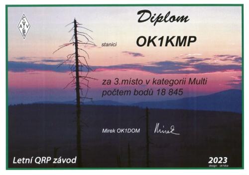 Diplom za 3. místo v Letním QRP závodě 2023 v kategorii 145 MHz MULTI