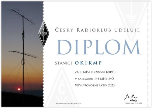 Diplom za 3. místo v celoročním závodě VKV Provozní aktiv 2023 v kategorii 145 MHz MO
